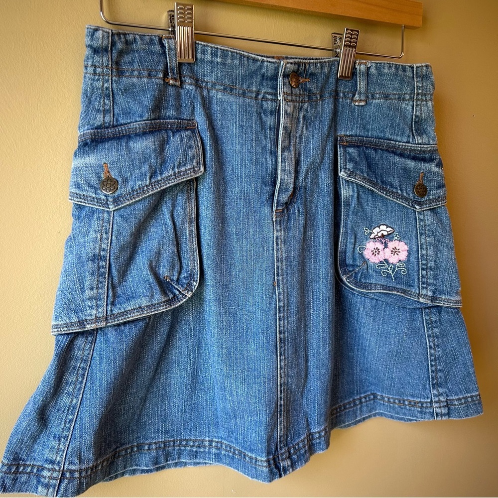 Y2K Disney Fairies Floral Denim Jean Skirt Skort Girls Size 16 Embroidered - Picture 2 of 9